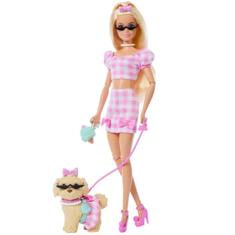 Barbie Twinning Looks nº 5 Muñeca Rubia con Conjunto de Ropa Rosa, Perrito y Accesorios