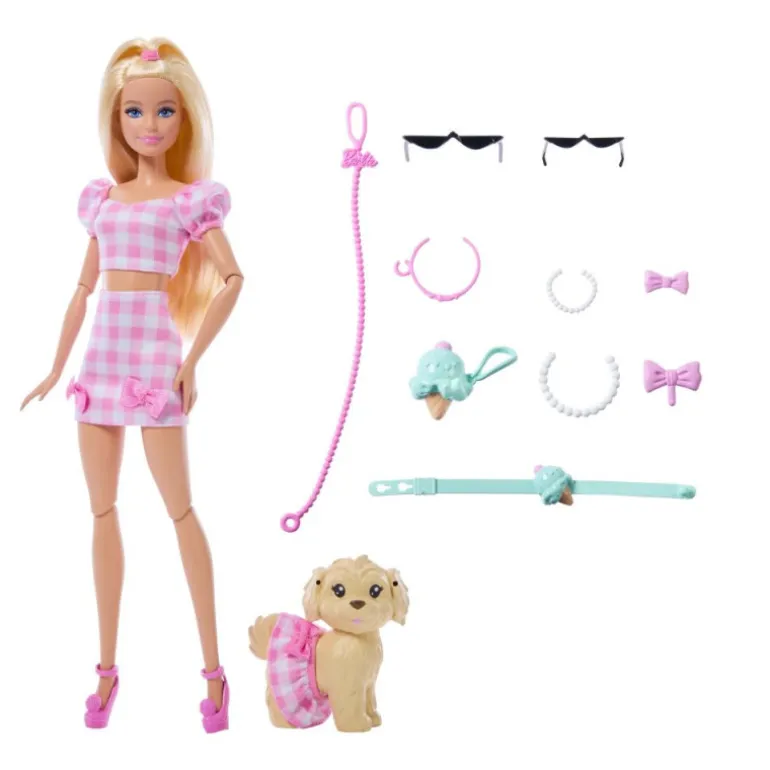 Barbie Twinning Looks nº 5 Muñeca Rubia con Conjunto de Ropa Rosa, Perrito y Accesorios