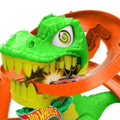 Hot Wheels City Conjunto de Juego T-Rex Batalla en Llamas con Coche Metálico Escala 1:64 y Dinosaurio Enemigo