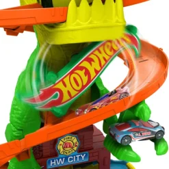 Hot Wheels City Conjunto de Juego T-Rex Batalla en Llamas con Coche Metálico Escala 1:64 y Dinosaurio Enemigo