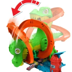 Hot Wheels City Conjunto de Juego T-Rex Batalla en Llamas con Coche Metálico Escala 1:64 y Dinosaurio Enemigo