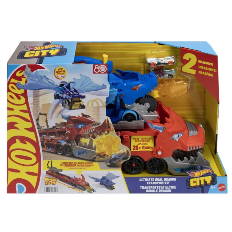 Hot Wheels City Dragón Transportador con Ataque Doble Definitivo con 2 Coches