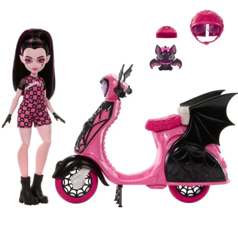 Monster High Draculaura con Moto Vampirística y Mascota