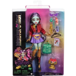 Monster High Jinafire Long Muñeca, Chica Dragón con Perrito Mascota Cloudy Yun Yun y 7 Accesorios