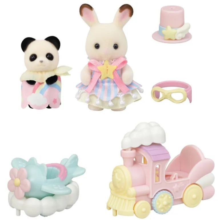 Sylvanian Families Crème Chocolate en Tren y Erin Panda en Avión